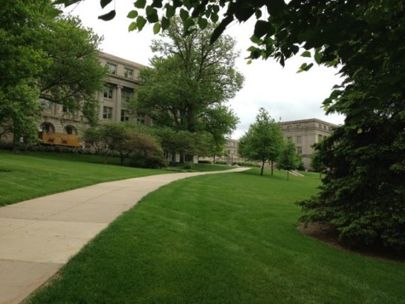 University of Iowa campus sidewalk view of Old Capital Building