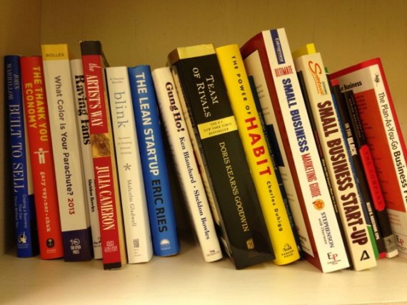 Business best selling books on bookshelf 