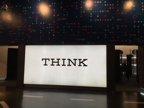 Large sign labeled "Think" at Epcot's Inventions West