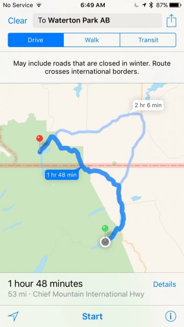 Directions from East Glacier to Waterton
